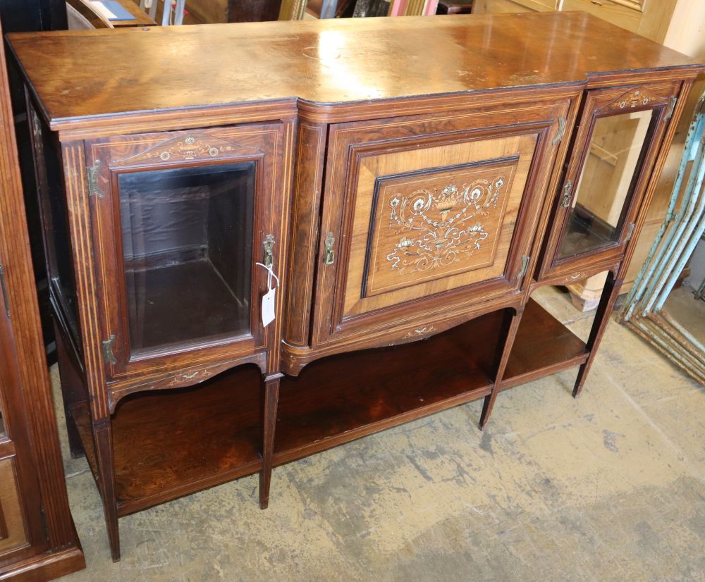 A late Victorian marquetry inlaid rosewood side cabinet, W.138cm, D.44cm, H.100cm